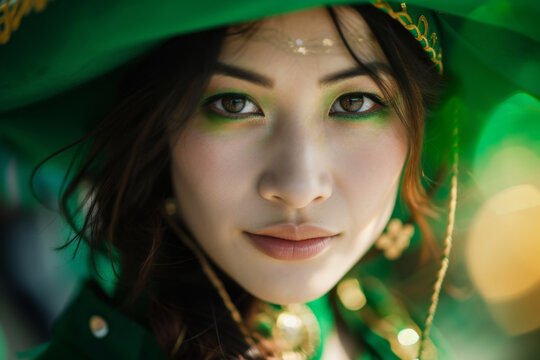 St Patrick's day. Young Asian woman with hat dressed up for St. Patrick's day celebration