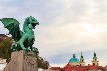 Sculpture of dragon on Dragon bridge in Ljubljana, Slovenia