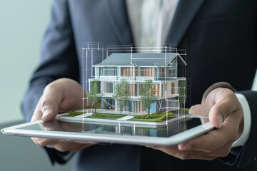 Male engineer, businessman holding a tablet with holographic images of a residential building, blueprint of a house