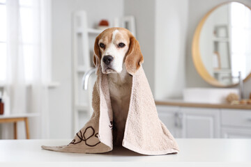 Cute Beagle dog with towel on table in bathroom