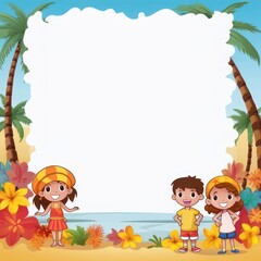 Fototapeta premium Copy space illustration background of cartoon children playing on the beach in summer.