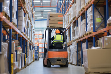 A man working on a forklift in a warehouse with a lot of boxes.