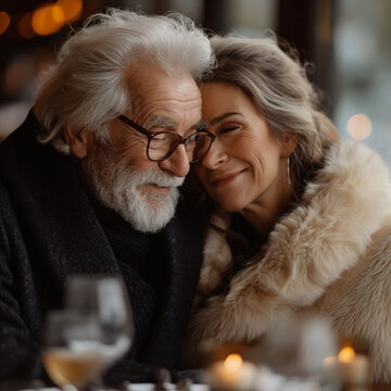 Lovely elder couple touching their faces with love.