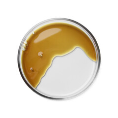 Petri dish with color liquid sample isolated on white, top view