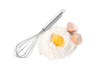 Whisk and pile of flour with egg yolk isolated on white, top view