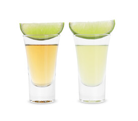 Different shooters in shot glasses and lime wedges isolated on white. Alcohol drink