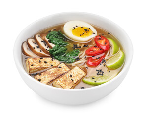 Delicious vegetarian ramen in bowl isolated on white