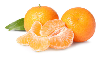 Fresh ripe juicy tangerines with green leaf isolated on white