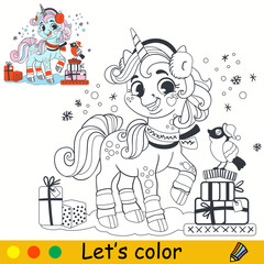 Kids coloring with Christmas unicorn and gifts