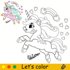 Kids coloring with cute jumping unicorn vector