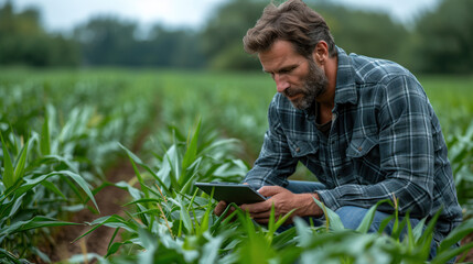 Naklejka na ściany i meble A modern farmer in a corn field using a digital tablet to view crop and harvest productivity