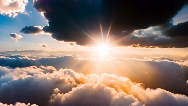 The sun beams through the clouds, which gleam with a golden hue. The sky is a gradient of blue and orange as the sun nears the horizon, ready to set.
