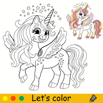 Kids coloring with pretty winged unicorn vector