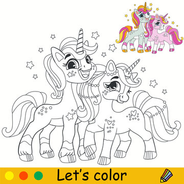 Kids coloring with cute unicorn friends vector