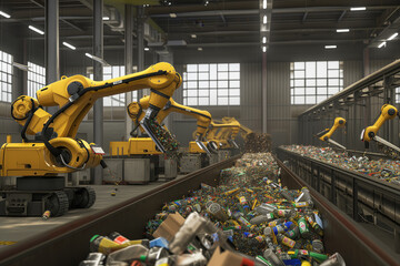 Automated waste disposal with robots and modern technologies Sorting of waste - obrazy, fototapety, plakaty