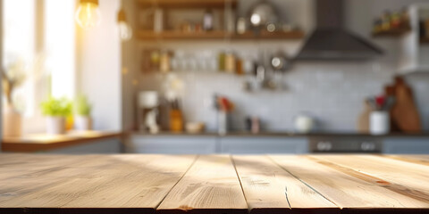 Empty wooden table with space for advertising product or brand, blurred kitchen background