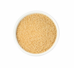 Brown sugar in bowl isolated on white, top view