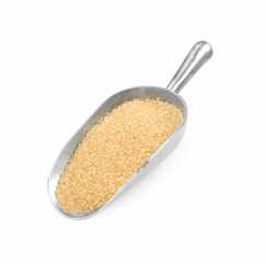 Metal scoop with brown sugar isolated on white