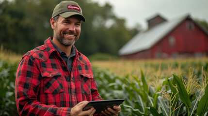 A modern farmer in a corn field using a digital tablet to view crop and harvest productivity