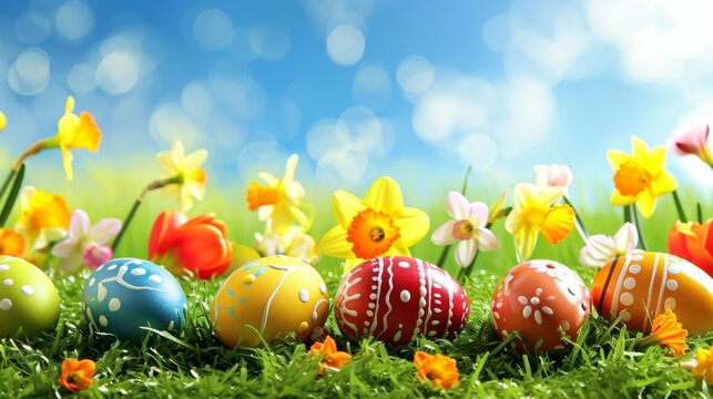 A wide banner image of vibrant Easter eggs of various colors scattered on fresh green grass, background of blooming daffodils and tulips, clear blue sky. Bright and festive spring atmosphere