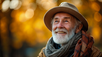 Smiling mature man enjoy view on blurred autumn background, plan life insurance at retirement concept - AI Generated - obrazy, fototapety, plakaty