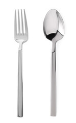 Silver fork and spoon isolated on white, top view