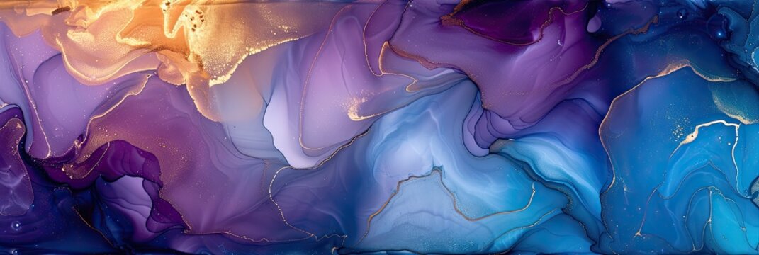 Currents of translucent hues, snaking metallic swirls. Natural luxury abstract fluid art painting in alcohol ink technique