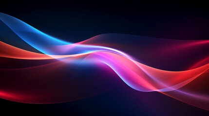 Fototapeta premium Smooth, flowing waves of light in vibrant shades of blue, pink, red against dark background, luminous bands of color intertwine and overlap, creating sense of movement and depth, modern or futuristic