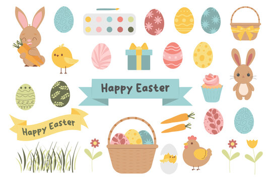 Easter spring set with cute eggs, birds, rabbits, flowers. Vector