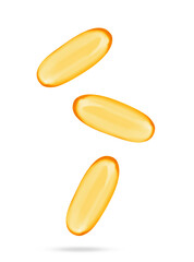 Vitamin. Softgel capsules falling on white background