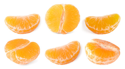 Pieces of fresh ripe tangerine isolated on white, set