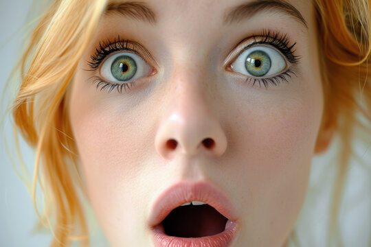 Woman With Surprised Expression Against Neutral Background. Human Emotions And Facial Expressions.