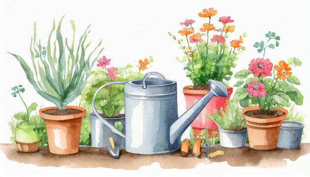 Beautiful watercolor gardening concept. Watering can and potted flowers. Garden and farm plants