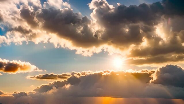 The sun beams through the clouds, which gleam with a golden hue. The sky is a gradient of blue and orange as the sun nears the horizon, ready to set.
