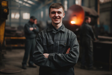 A man in work clothes smiling in the background of production in a factory with sparks and fire, Steelworkers welders foundry workers