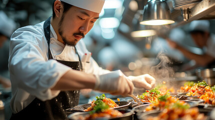 Asian chef cooking in the James Beard House, fine dining setup