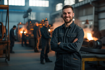 Fototapeta premium A man in work clothes smiling in the background of production in a factory with sparks and fire, Steelworkers welders foundry workers