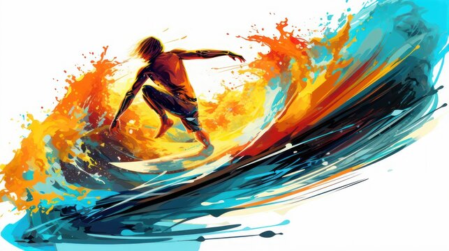 Illustration of a surfer reacting with a big wave with a watercolor painting design.	
