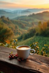 a cup of coffee with a view of the coffee field, in the style of dynamic landscapes, smokey background