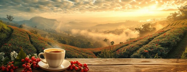 a cup of coffee with a view of the coffee field, in the style of dynamic landscapes, smokey background