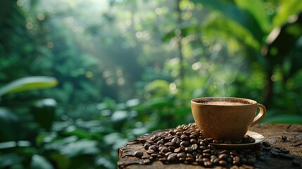 coffee cup and coffee beans over a tropical forest, in the style of hazy landscapes