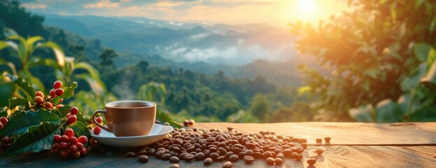 coffee near coffee beans on table of coffee crop field with sunrise, in the style of lifelike renderings