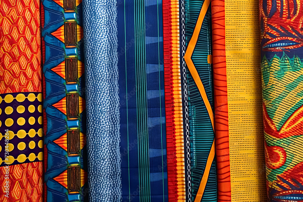 Poster an array of fabric rolls adorned with intricate and colorful african designs