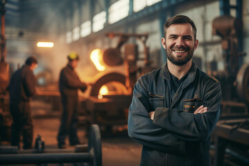 A man in work clothes smiling in the background of production in a factory with sparks and fire, Steelworkers welders foundry workers - obrazy, fototapety, plakaty