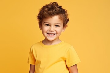 smiling little boy in a yellow t-shirt on a yellow background