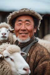 a man smiling standing next to his sheep at a farm