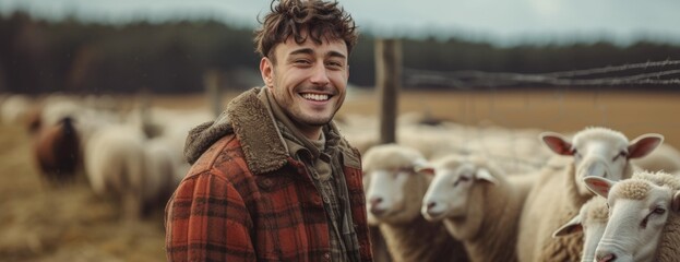 a man smiling standing next to his sheep at a farm