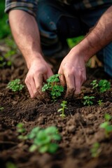a man is planting plants in the dirt, in the style of light brown and green, soft edges and blurred details