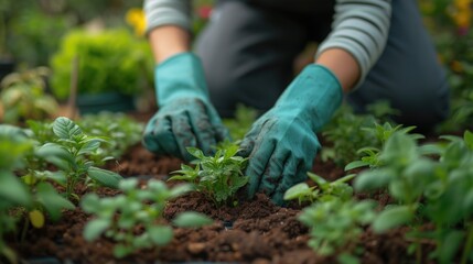 person with gloves working in garden at planting plants, in the style of light brown and green
