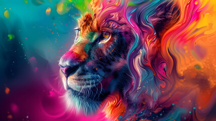 A colorful wild animal portrait. oil paints, watercolors, rainbow colors, generative AI.